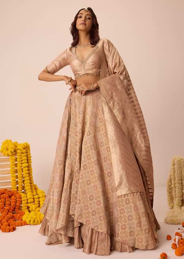 Peach Embroidered Blouse With Ruching Lehenga And Tassel Dupatta