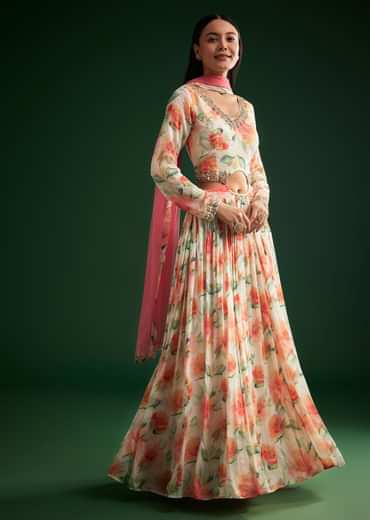 Peach Floral Printed Gown With Embellished Net Dupatta