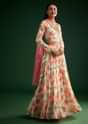 Peach Floral Printed Gown With Embellished Net Dupatta