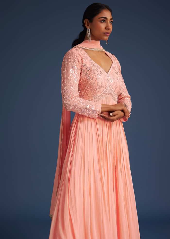 Peach Georgette Anarkali With Mirror And Sequin Work