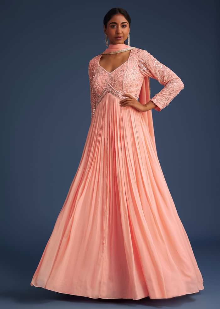 Peach Georgette Anarkali With Mirror And Sequin Work