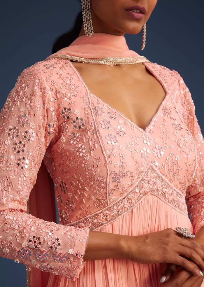 Peach Georgette Anarkali With Mirror And Sequin Work