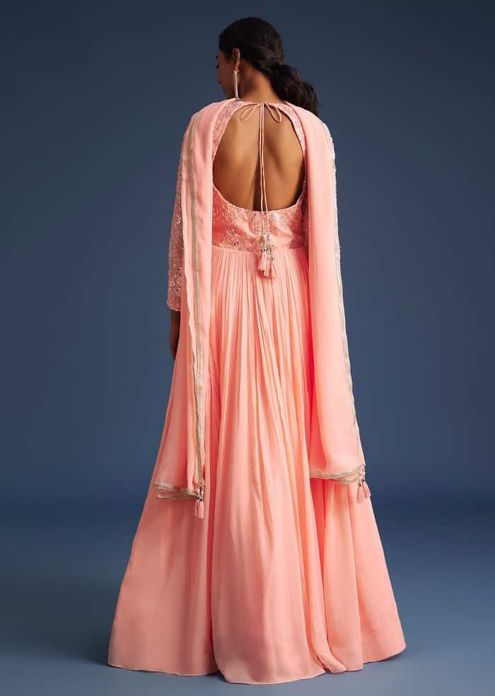 Peach Georgette Anarkali With Mirror And Sequin Work