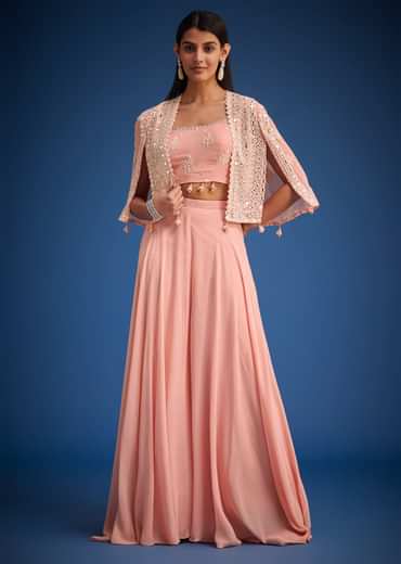 Peach Georgette Embroidered Cape Palazzo Set