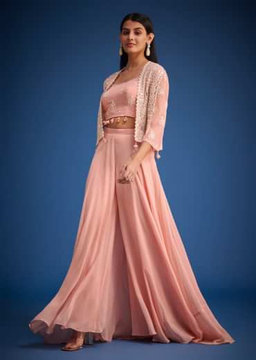Peach Georgette Embroidered Cape Palazzo Set