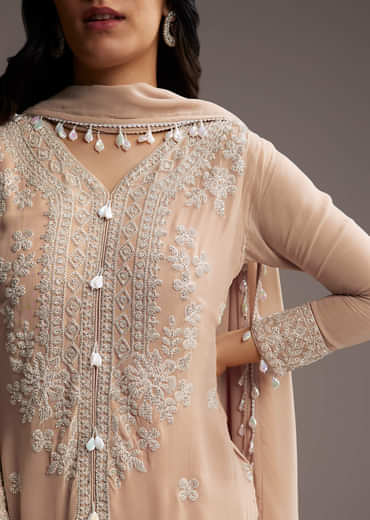 Peach Georgette Kurta Set With Beads Embroidery