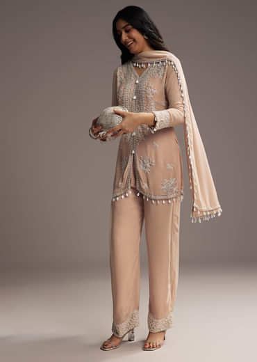 Peach Georgette Kurta Set With Beads Embroidery