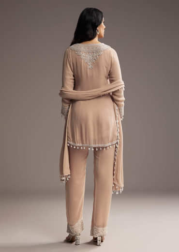 Peach Georgette Kurta Set With Beads Embroidery