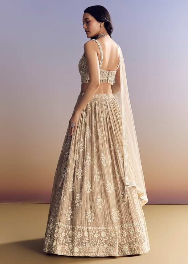 Peach Georgette Lehenga Set With Cut Dana Moti Work