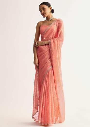 Peach Georgette Scallop Bordered Saree With Foil Printed Stripes