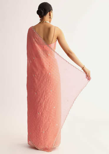 Peach Georgette Scallop Bordered Saree With Foil Printed Stripes