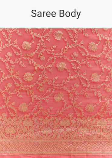 Peach Georgette Woven Saree With Floral Jaal And Heavy Border