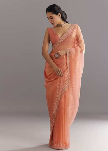 Peach Glass Tissue Saree With Cutdana Sequins Embroidery And Cutwork Scallop Border