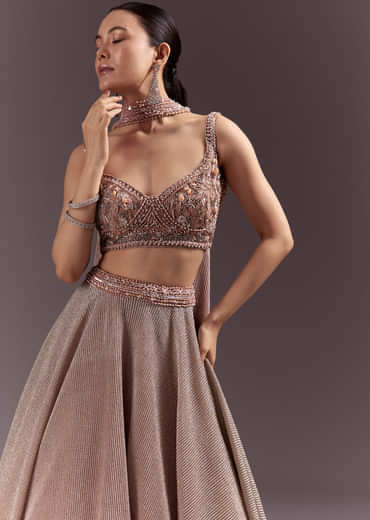 Peach Gold Embroidered Circular Lehenga Dupatta Set