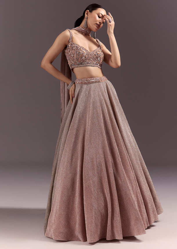 Peach Gold Embroidered Circular Lehenga Dupatta Set Peach Gold Embroidered Circular Lehenga Dupatta Set