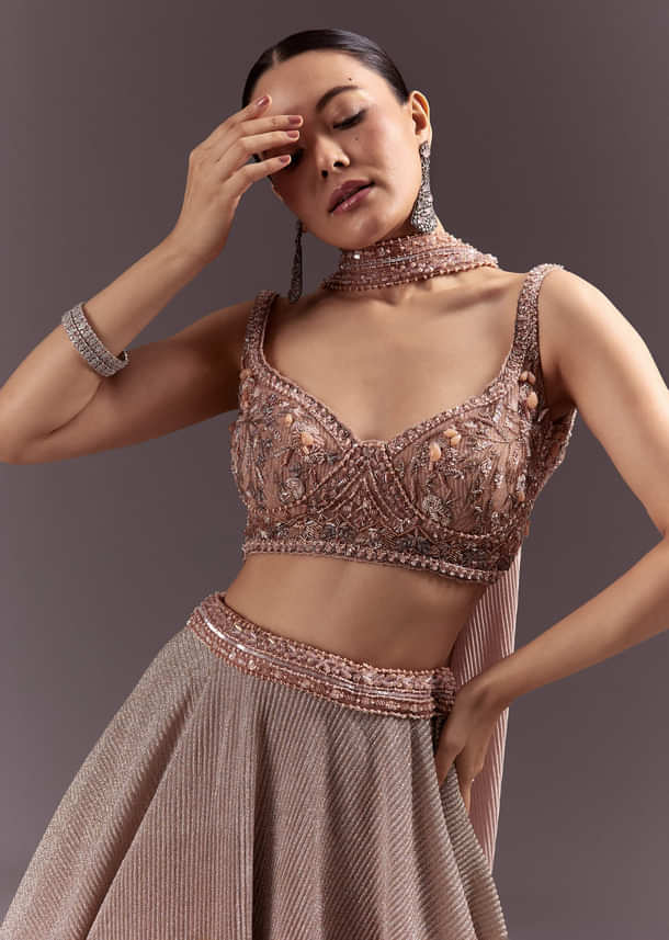 Peach Gold Embroidered Circular Lehenga Dupatta Set Peach Gold Embroidered Circular Lehenga Dupatta Set