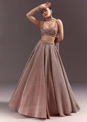 Peach Gold Embroidered Circular Lehenga Dupatta Set