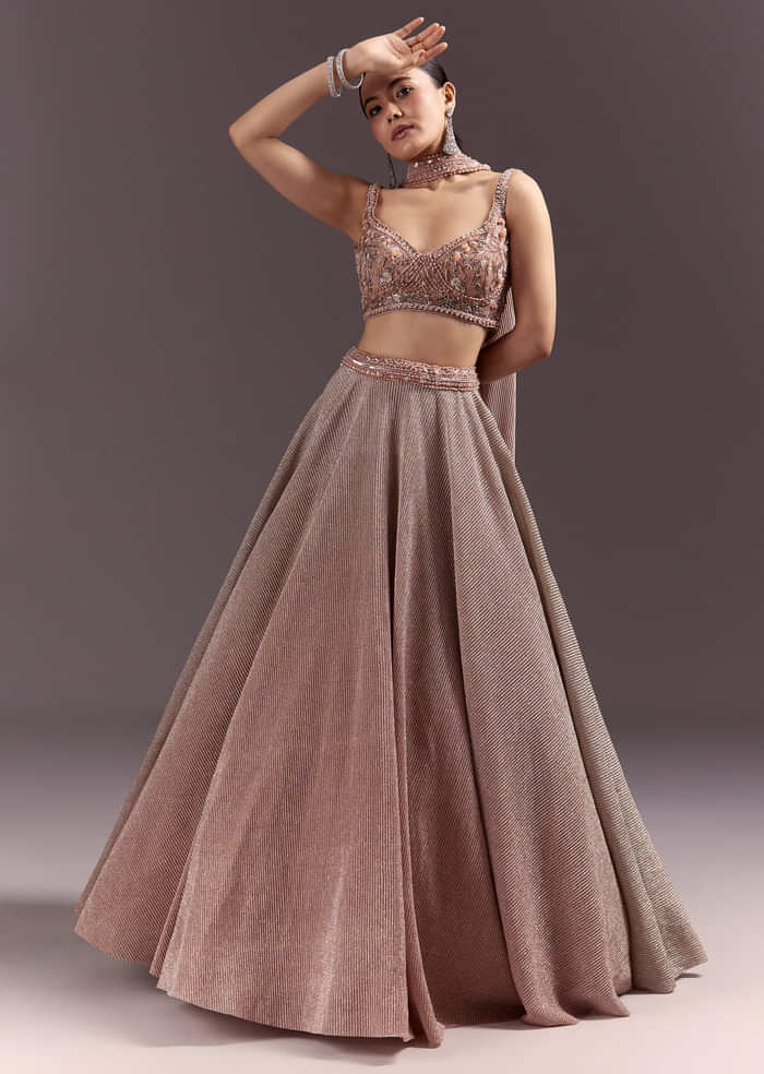Peach Gold Embroidered Circular Lehenga Dupatta Set