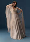 Peach Gown With Fully Embroidered Yoke And Feather Embellished Shoulders
