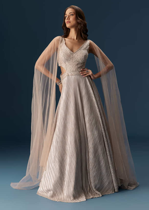 Peach Gown With Fully Embroidered Yoke And Feather Embellished Shoulders