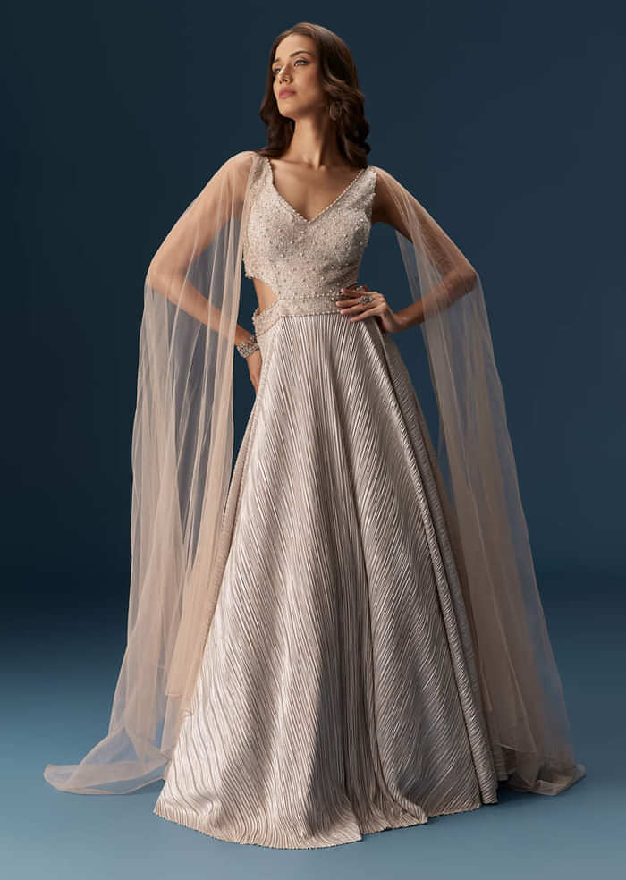 Peach Gown With Fully Embroidered Yoke And Feather Embellished Shoulders
