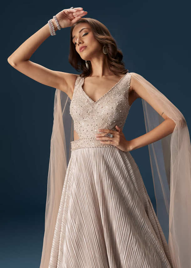 Peach Gown With Fully Embroidered Yoke And Feather Embellished Shoulders
