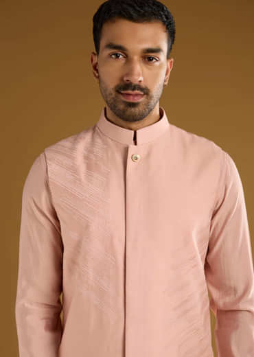 Peach Kurta Jacket Set For Men With Thread Embroidery