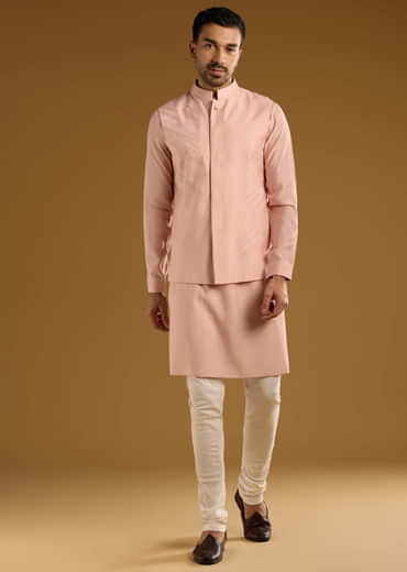 Peach Kurta Jacket Set For Men With Thread Embroidery