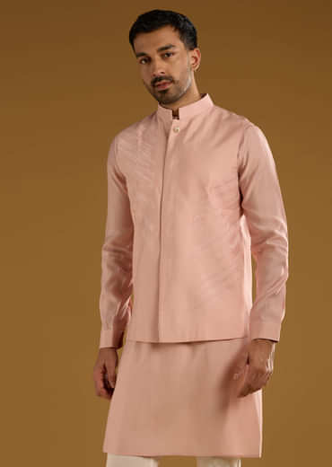 Peach Kurta Jacket Set For Men With Thread Embroidery
