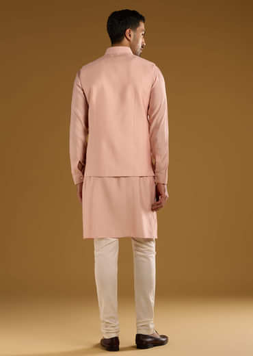 Peach Kurta Jacket Set For Men With Thread Embroidery