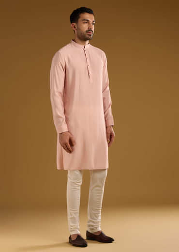 Peach Kurta Jacket Set For Men With Thread Embroidery
