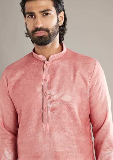 Peach Kurta Set For Men With Floral Print