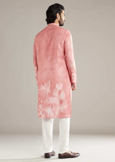 Peach Kurta Set For Men With Floral Print