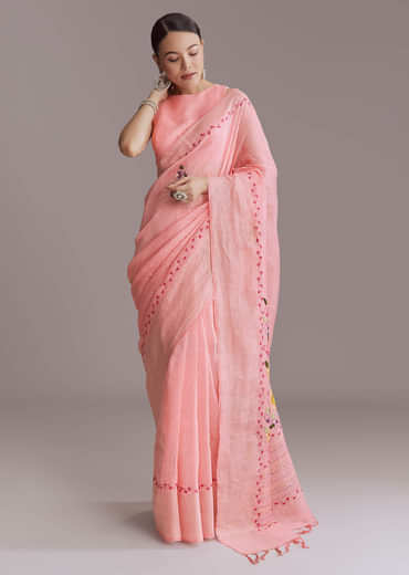 Peach Linen Handwoven Saree With Resham Embroidery