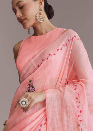 Peach Linen Handwoven Saree With Resham Embroidery