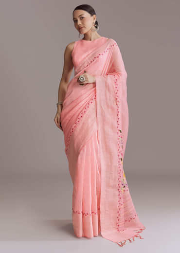 Peach Linen Handwoven Saree With Resham Embroidery