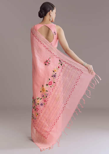 Peach Linen Handwoven Saree With Resham Embroidery