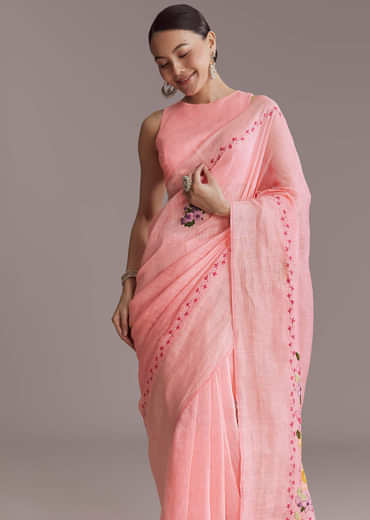Peach Linen Handwoven Saree With Resham Embroidery