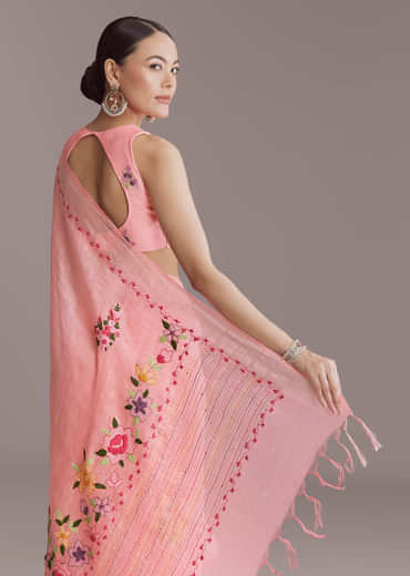 Peach Linen Handwoven Saree With Resham Embroidery