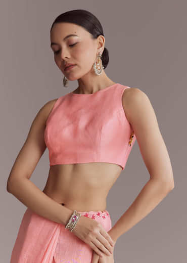 Peach Linen Handwoven Saree With Resham Embroidery