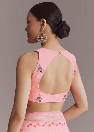 Peach Linen Handwoven Saree With Resham Embroidery