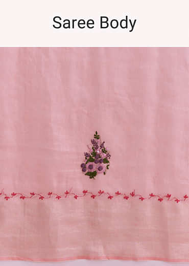 Peach Linen Handwoven Saree With Resham Embroidery