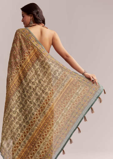 Peach Linen Printed Saree With Authentic Ajrakh Work