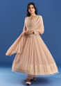 Peach Moti Beads Georgette Anarkali Set With Tassel Dupatta