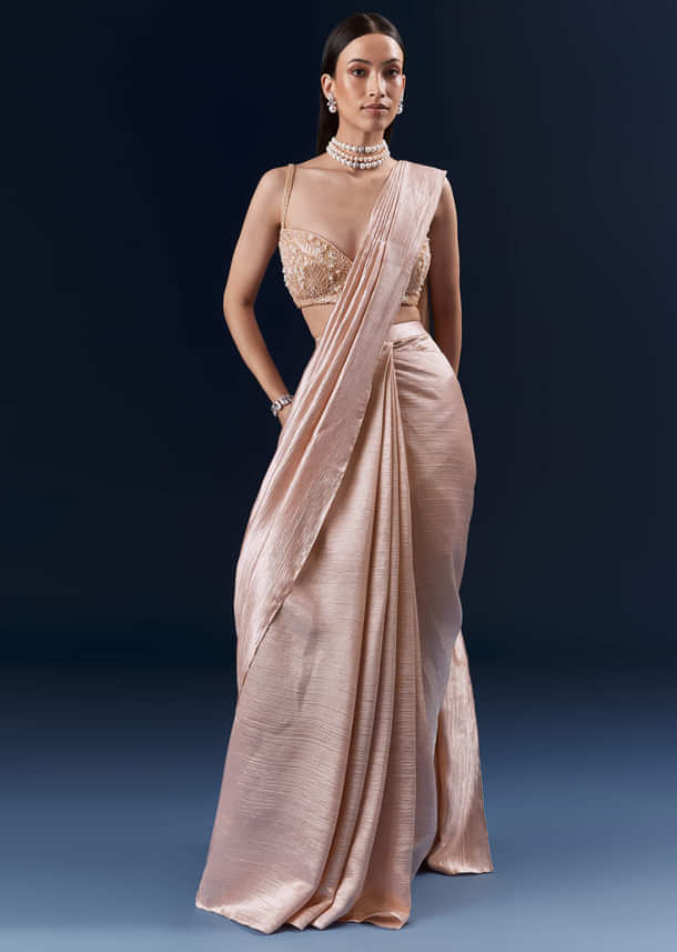 Peach Net Ready Pleated Saree With Embroidery