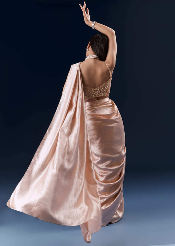 Peach Net Ready Pleated Saree With Embroidery