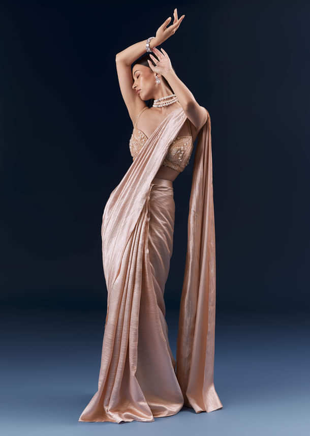 Peach Net Ready Pleated Saree With Embroidery