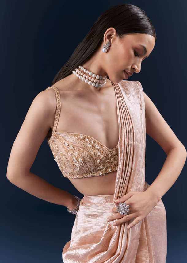 Peach Net Ready Pleated Saree With Embroidery