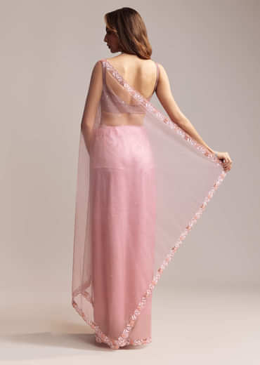 Peach Net Saree With Sequin Embroidery