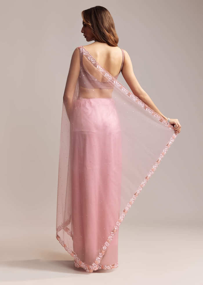 Peach Net Saree With Sequin Embroidery